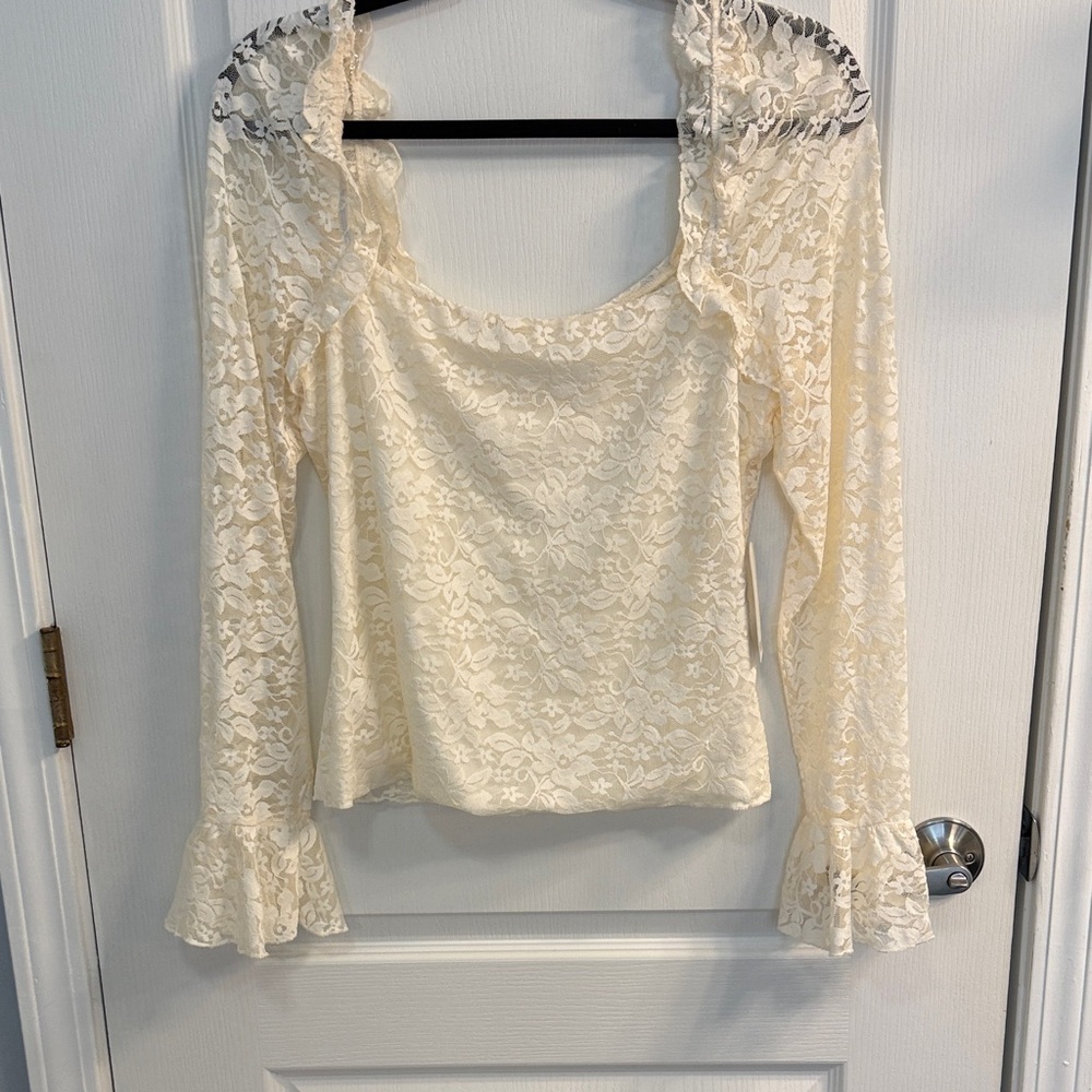 Trixxi Ivory Lace Boho Ruffle Cuff Scoop Neck Blouse